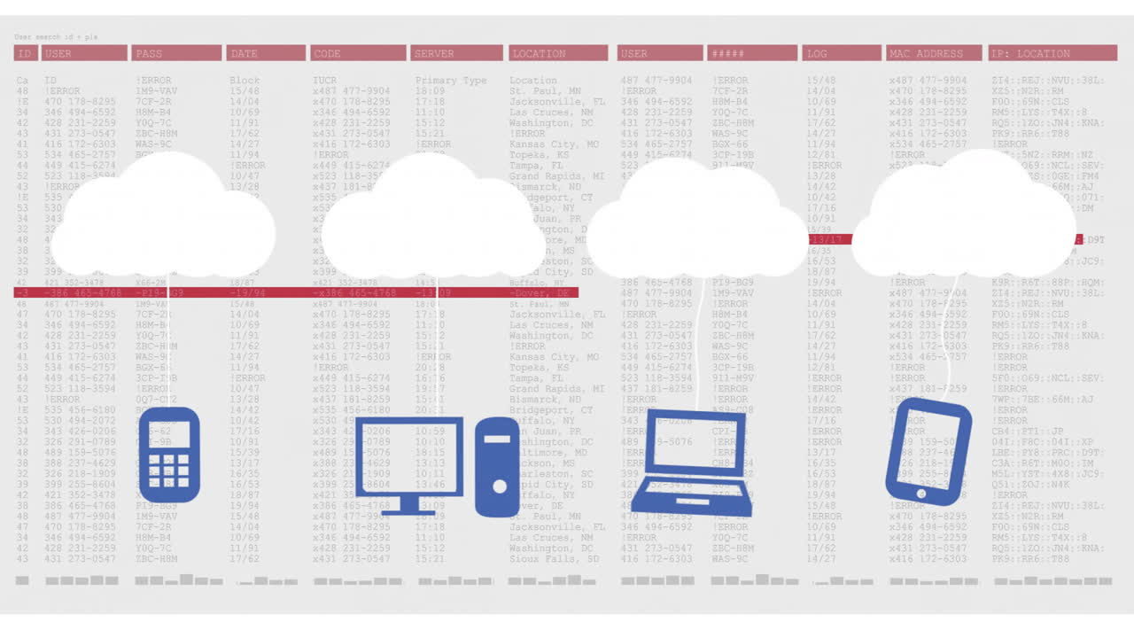 Animation of clouds with icons over data processing on white background