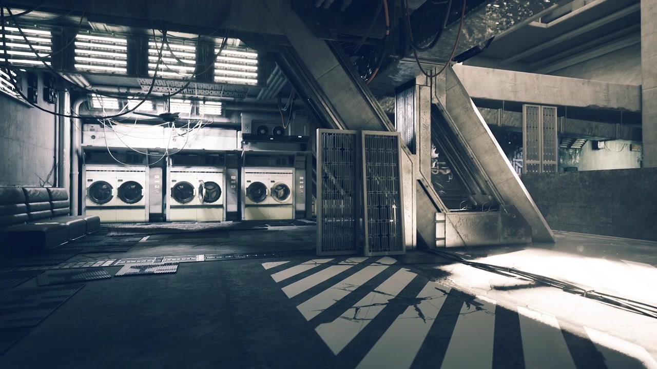 Brightly lit escalator next to washers with bold shadows on concrete