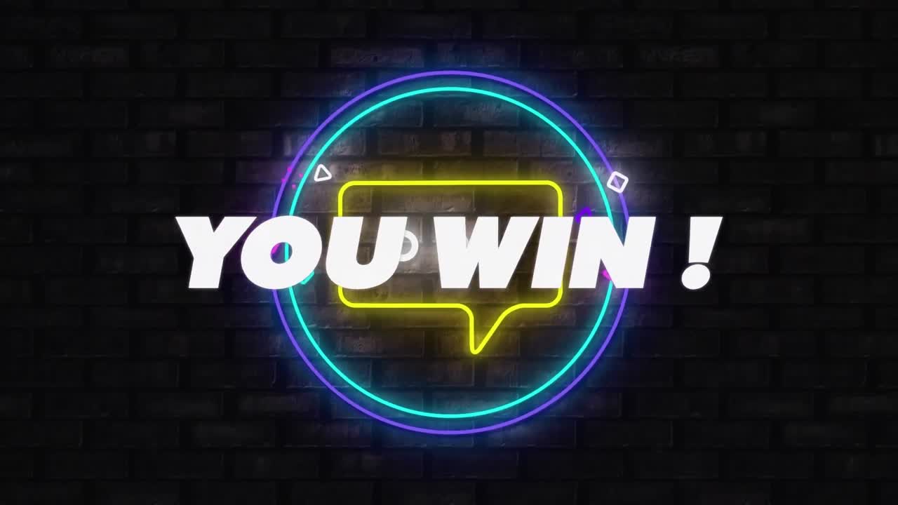 Animation of you win text and message icon over neon round banner against brick wall background