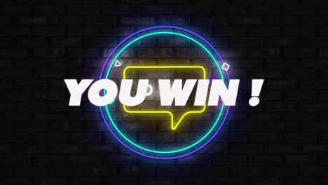 animation of you win text and message icon over neon round banner against brick wall background