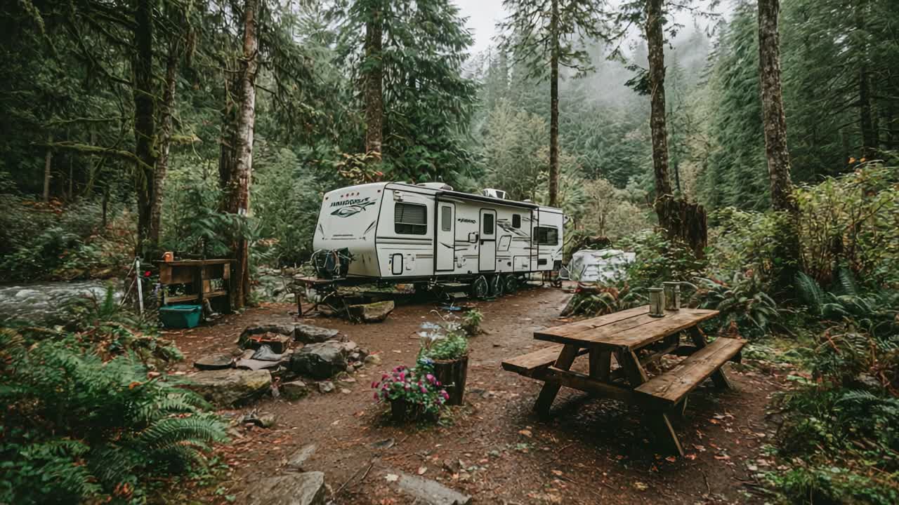A Serene Camping Retreat: Exploring Nature's Beauty with a Cozy RV Surrounded by Lush Forests and Tranquil Atmosphere for Outdoor Enthusiasts
