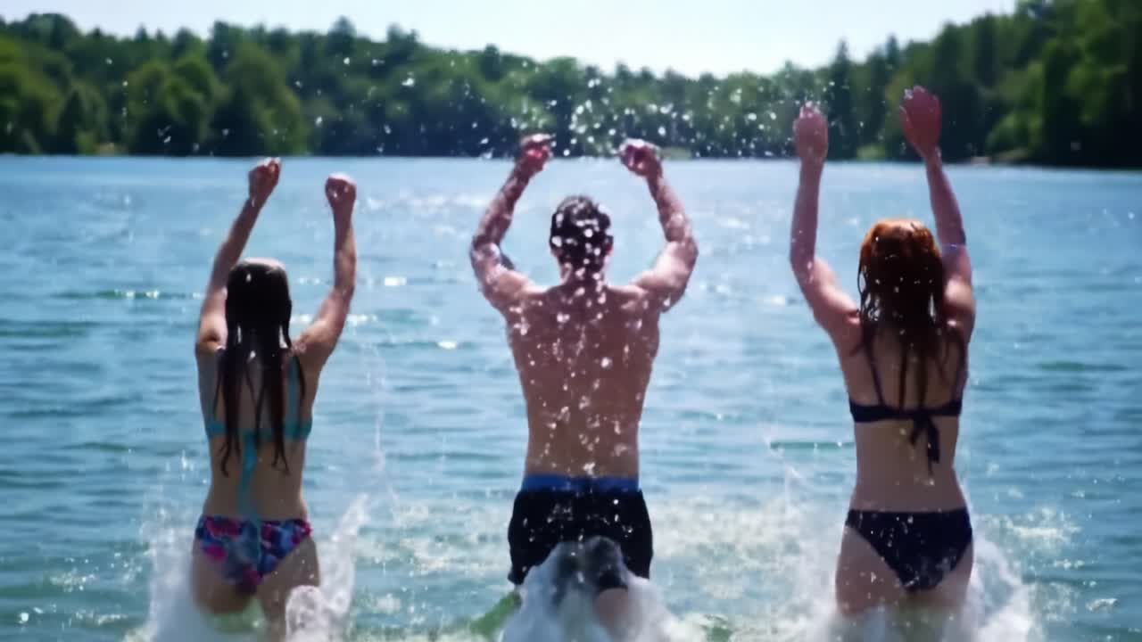 Friends Enjoying a Summer Day Swimming in a Clear Lake Surrounded by Trees