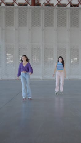 two women roller skating and posing indoors
