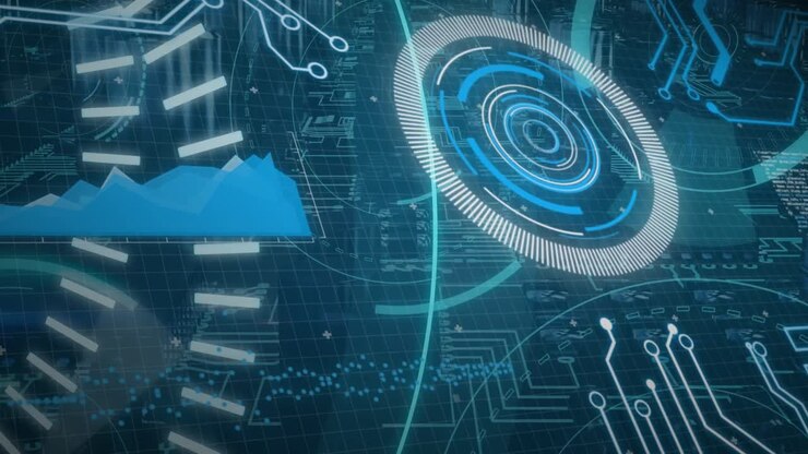 Animation of 5g text, scopes scanning and data processing over servers