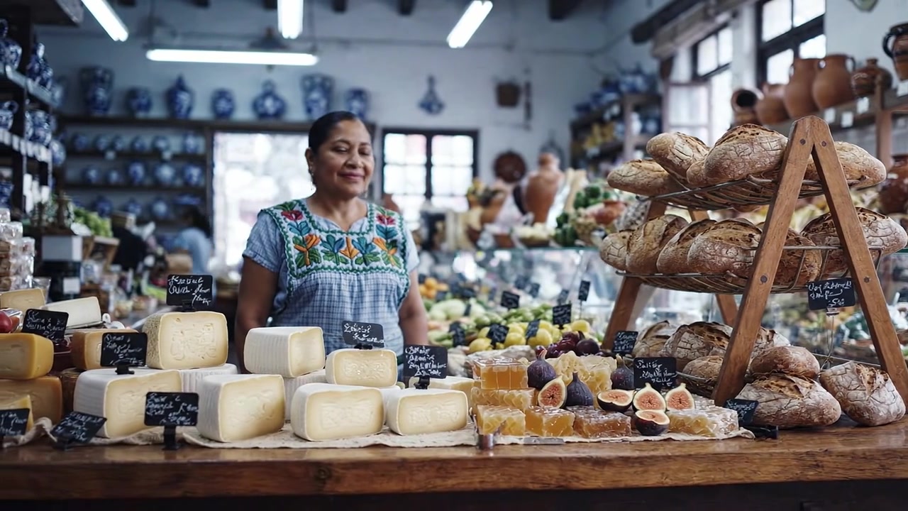 Uma cena de mercado vibrante exibe um vendedor orgulhoso em meio a uma abundância de pão fresco, queijo, frutas e iguarias tradicionais, destacando as delícias culinárias locais.