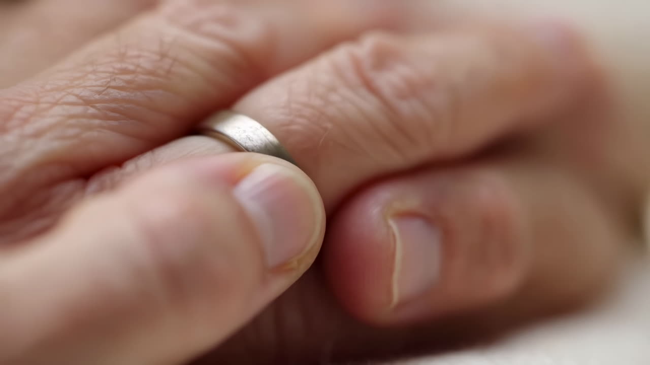 Uomo bianco che si toglie l'anello nuziale d'argento, primo piano delle mani su una coperta, movimento lento e deliberato, pelle texturizzata
