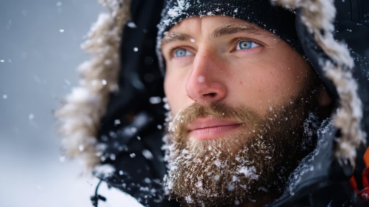 Portrait of a Man with a Snowy Beard Staring into the Distance, Capturing Winter's Beauty Amidst a Snowfall in a Pine-Filled Landscape