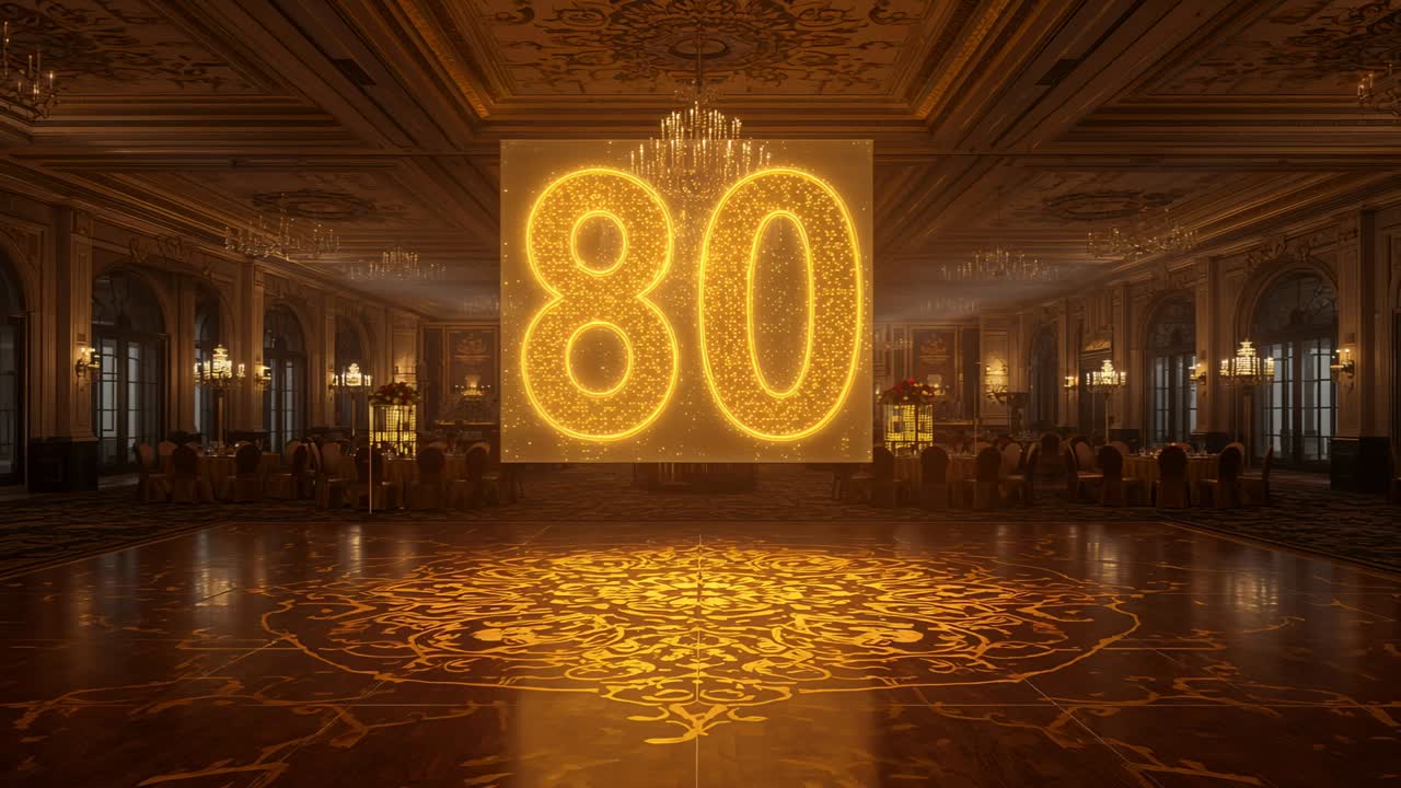Rotating after light cue, large lit panel showing 80 tilting back in banquet hall, with chandeliers