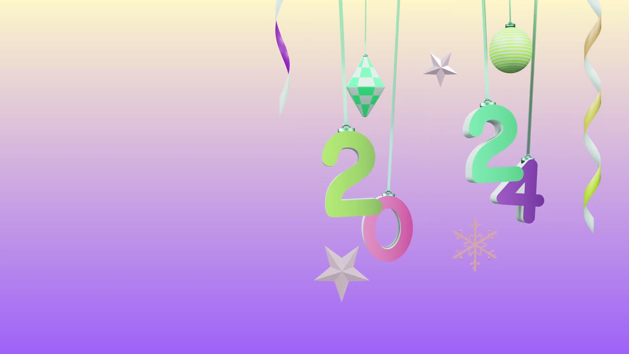анимация числа 2024 над новогодними и рождественскими украшениями на фиолетовом фоне