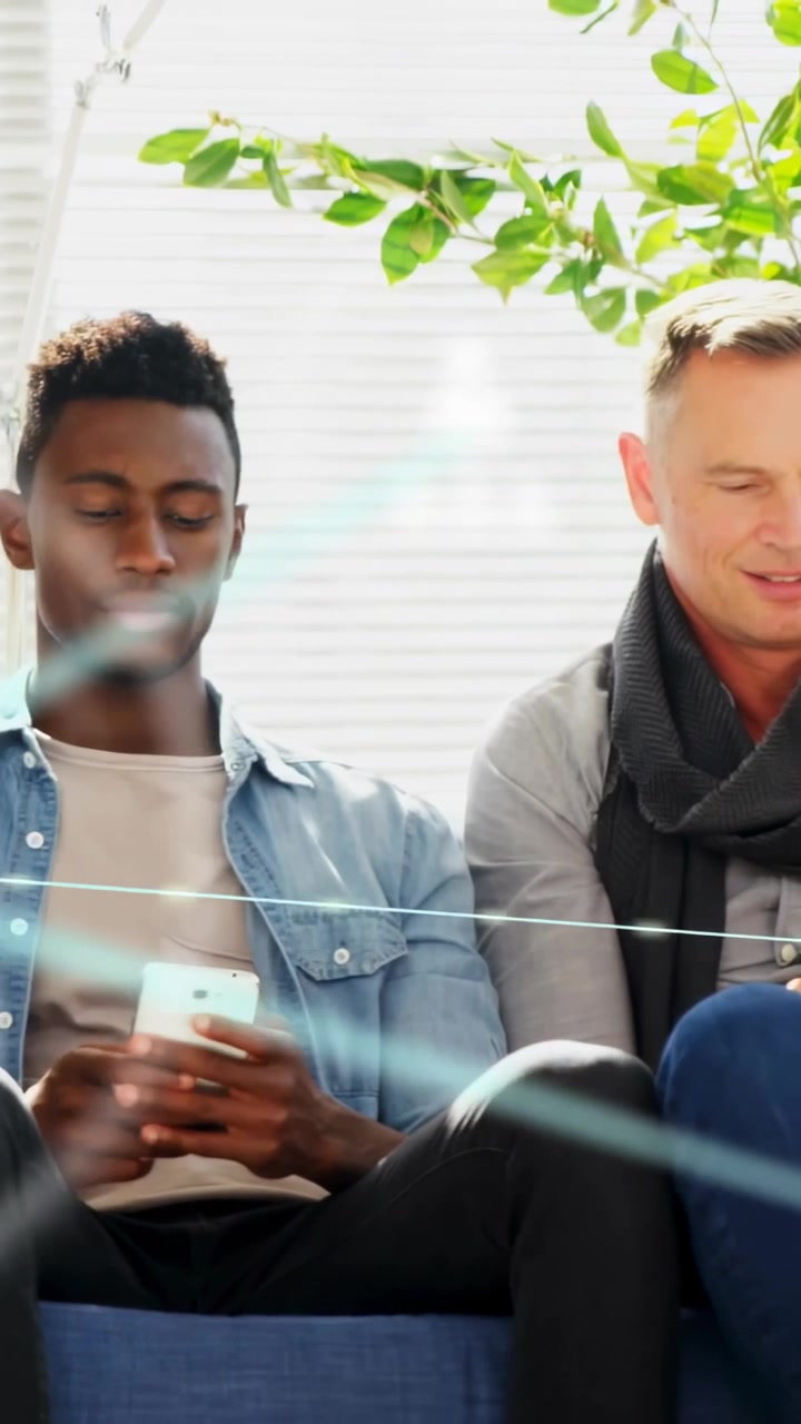 Vertical video: Left tapping phone making tech icons, center using tablet, right scrolling, sharing