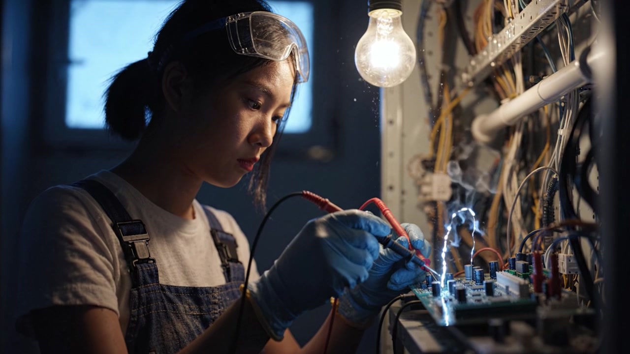 A focused technician works on a circuit board, using tools and safety gloves as they troubleshoot electrical components illuminated by a hanging light bulb.
