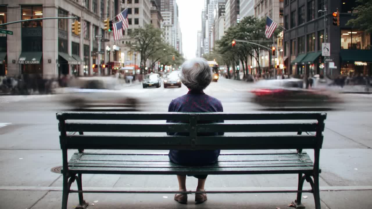 An elderly woman sits on a bench in a bustling city street, watching the crowd of hurried pedestrians and passing cars. The setting shows a mix of urban activity and solitude.