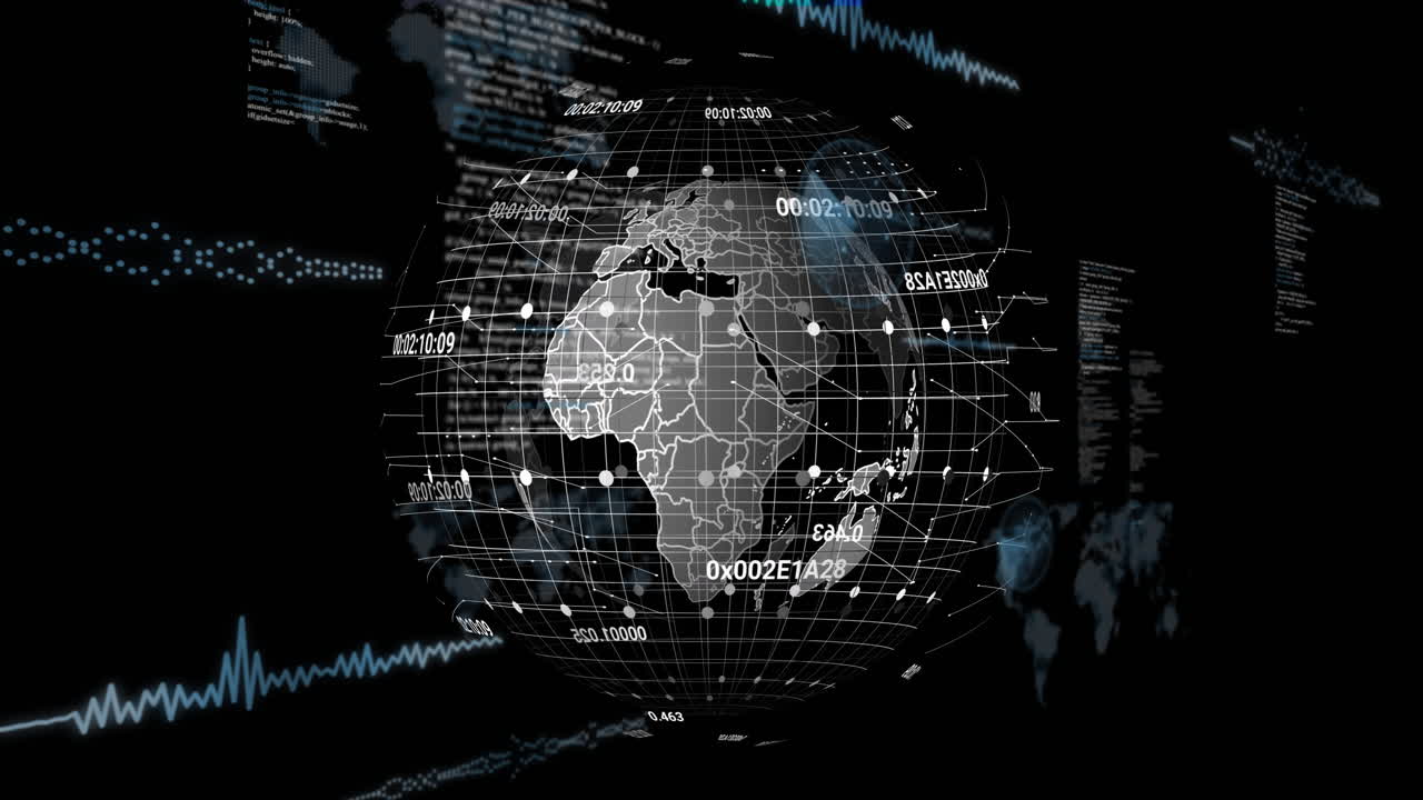 Animation of data processing over globe on black background