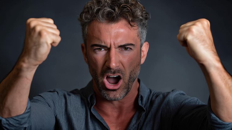 A man's intense expression of anger and frustration captured in a dramatic portrait with clenched fists and a fierce gaze reflecting raw emotions and powerful energy