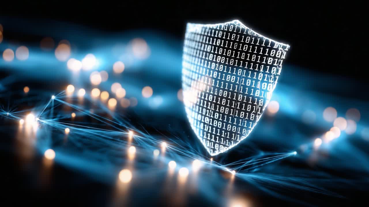 A Futuristic Shield Representing Cybersecurity with Binary Code and Connected Network Nodes, Emphasizing the Importance of Protecting Digital Information