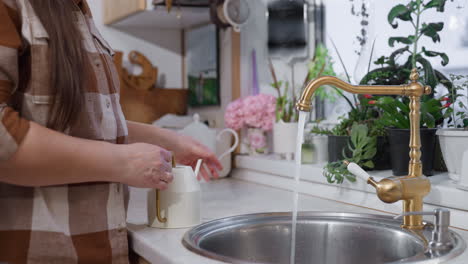 plant lover places white kettle under running tap to fill water beside potted greenery on cozy kitchen sink ledge with brass faucet and plaid gardener in calm indoor gardening moment