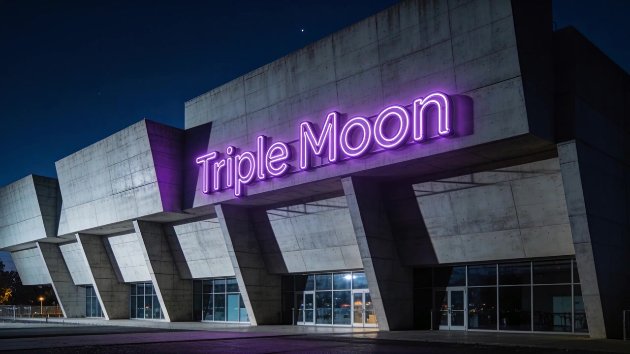 Telecamera che riprende una facciata in cemento, supporti angolati di notte, con un'insegna al neon viola a forma di Tripla Luna che brilla.