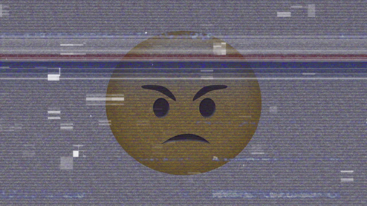 화난 이모지 아이콘의 애니메이션이 화면의 소음 위에 있습니다.