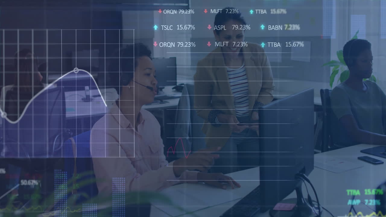 Animation of financial data processing over diverse colleagues discussing work in office