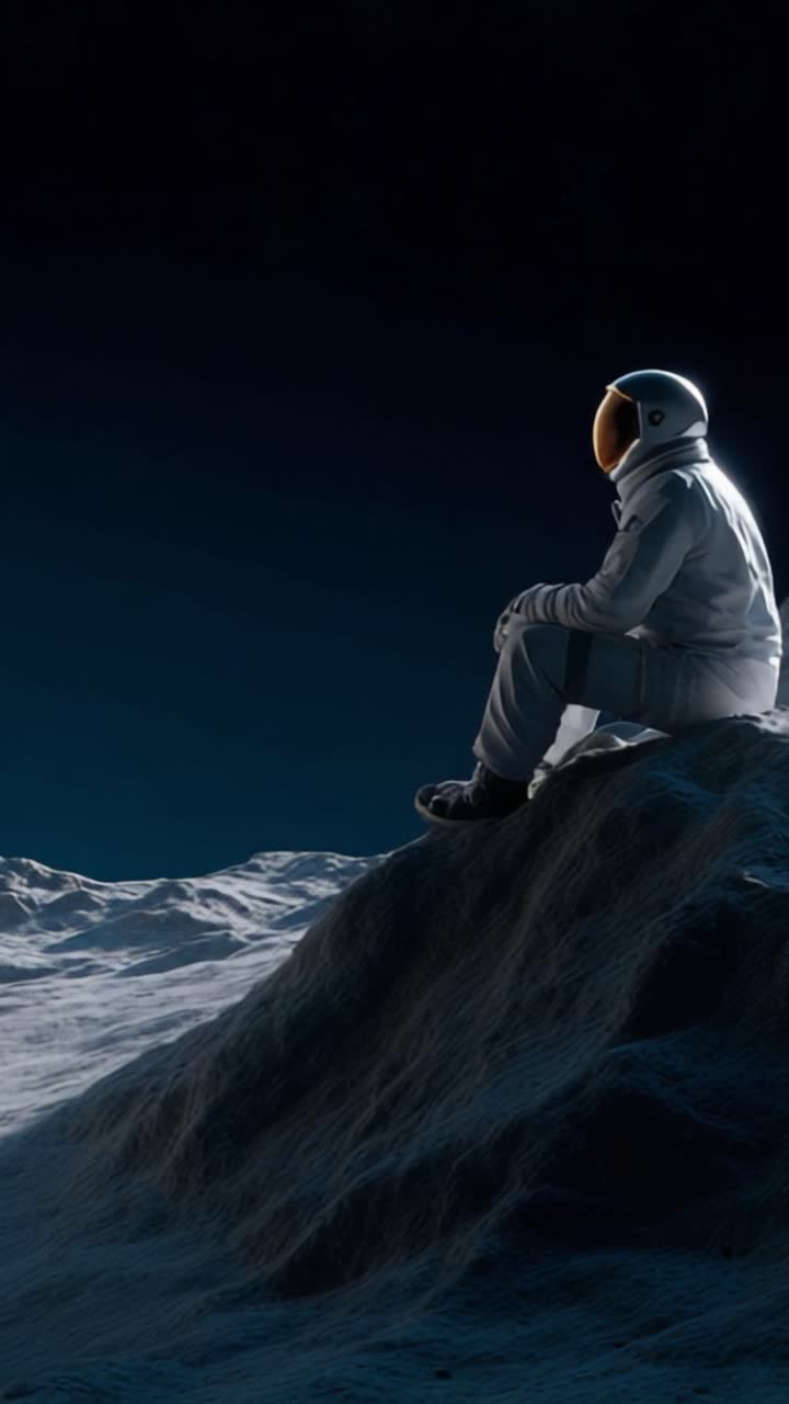 An astronaut sits contemplatively on a lunar surface, gazing into the deep void of space, enveloped by the stunning beauty and isolation of the moon landscape