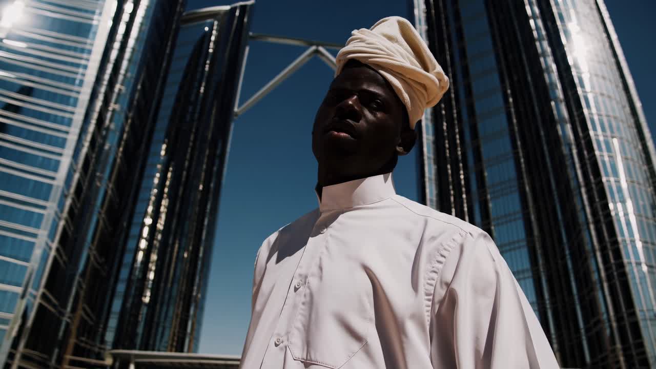 Low angle view of a young bellboy wearing traditional white Kandura and Ghutra walking near modern skyscrapers in Abu Dhabi with blue sky and sun in the background