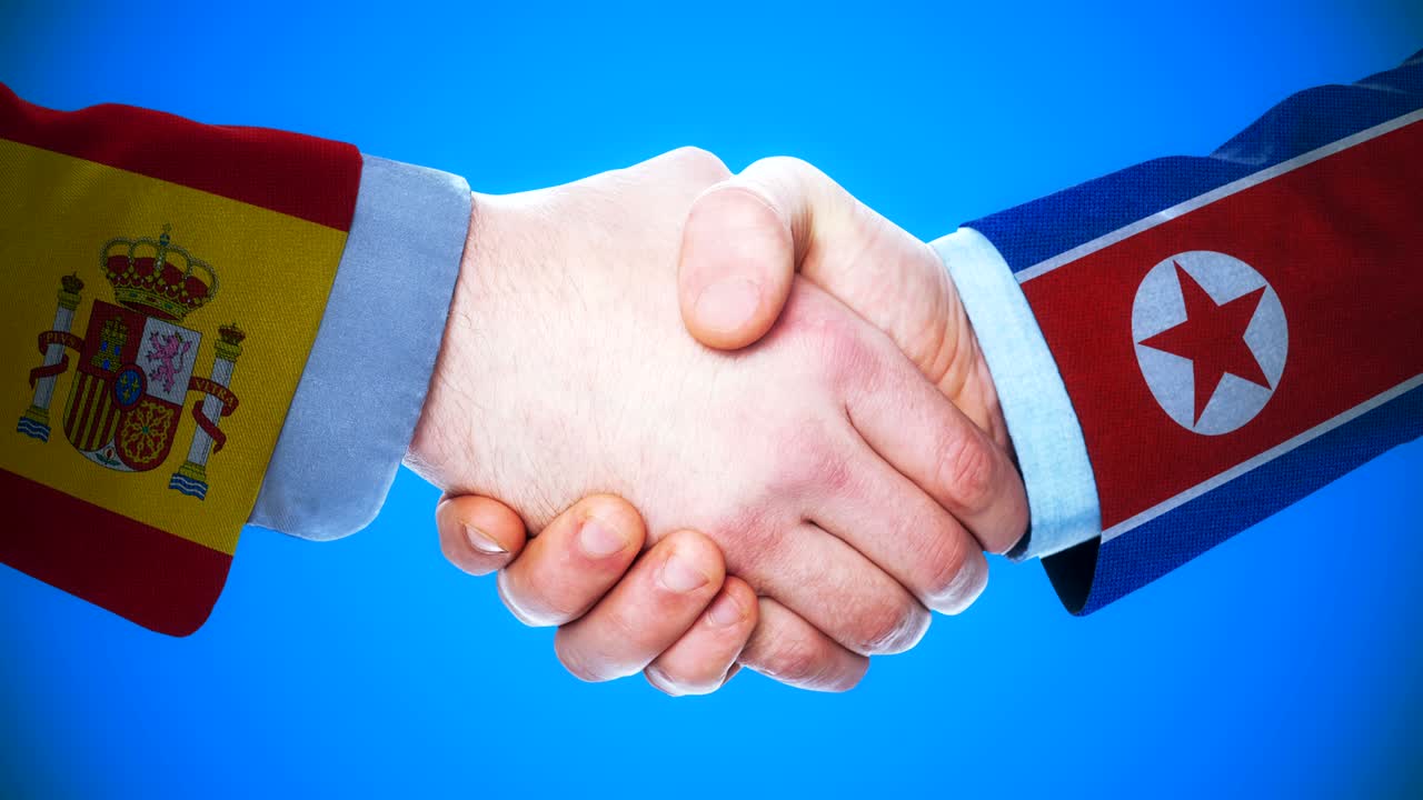 animação conceitual de aperto de mão entre espanha e coreia do norte sobre países e política com o canal matte /