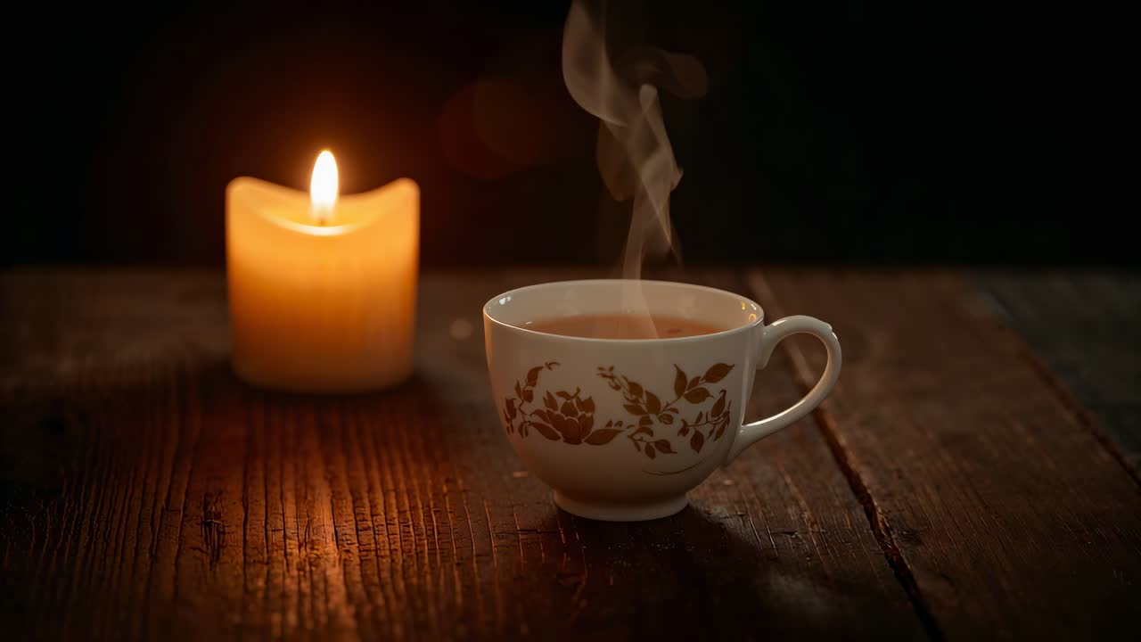 Steaming gold-floral cup releasing steam while liquid cooling on wood table, lit candle flickering
