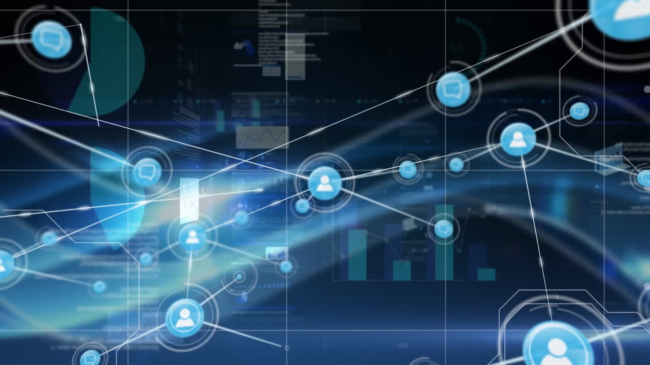 Animation of connected people icons with graphs moving over a grid