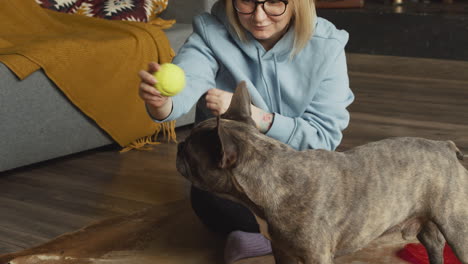 Rothaarige-Frau,-Die-Mit-Ihrem-Bulldoggenhund-Mit-Einem-Tennisball-Auf-Dem-Boden-In-Wohnzimmer-1-Spielt