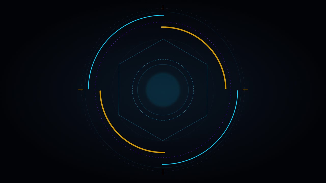 Abstract Digital HUD Interface with Rotating Hexagon and Circular Elements