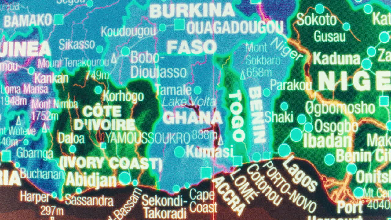 Close-up view of a map showing West African countries and cities