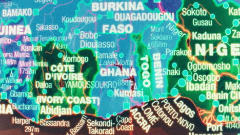 close-up view of a map showing west african countries and cities
