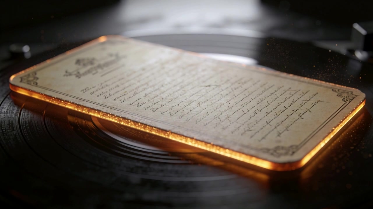Spinning vinyl record creating radial blur on ornate card in studio, highlighting gold bevel