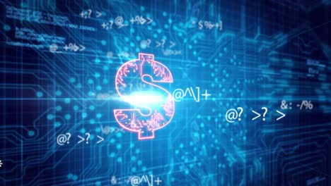 animación de símbolos matemáticos y dólares sobre fondo azul con circuito integrado