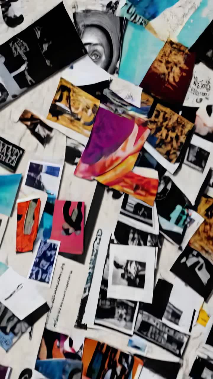 Overhead view of scattered colorful photo prints and video stills on a textured surface