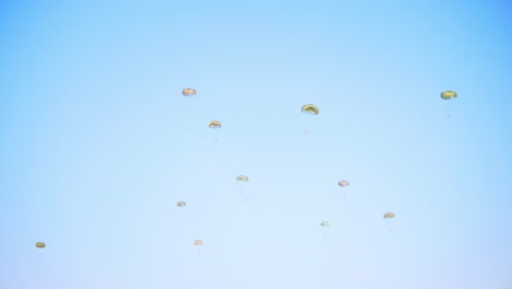 varios paracaídas descienden suavemente del cielo en un ejercicio de entrenamiento militar coordinado, ambientado contra un telón de fondo de cielo azul claro