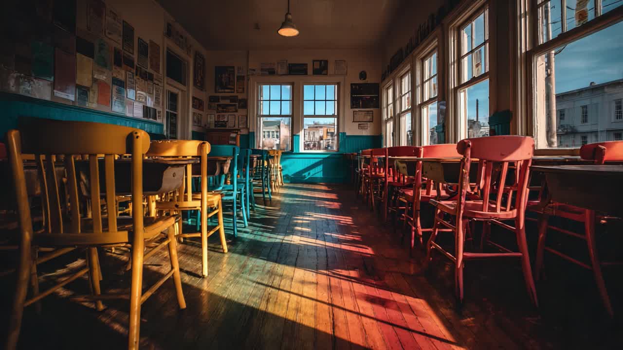 Interni colorati di un bar illuminati da una calda luce naturale, con sedie vivaci e grandi finestre che creano un'atmosfera invitante