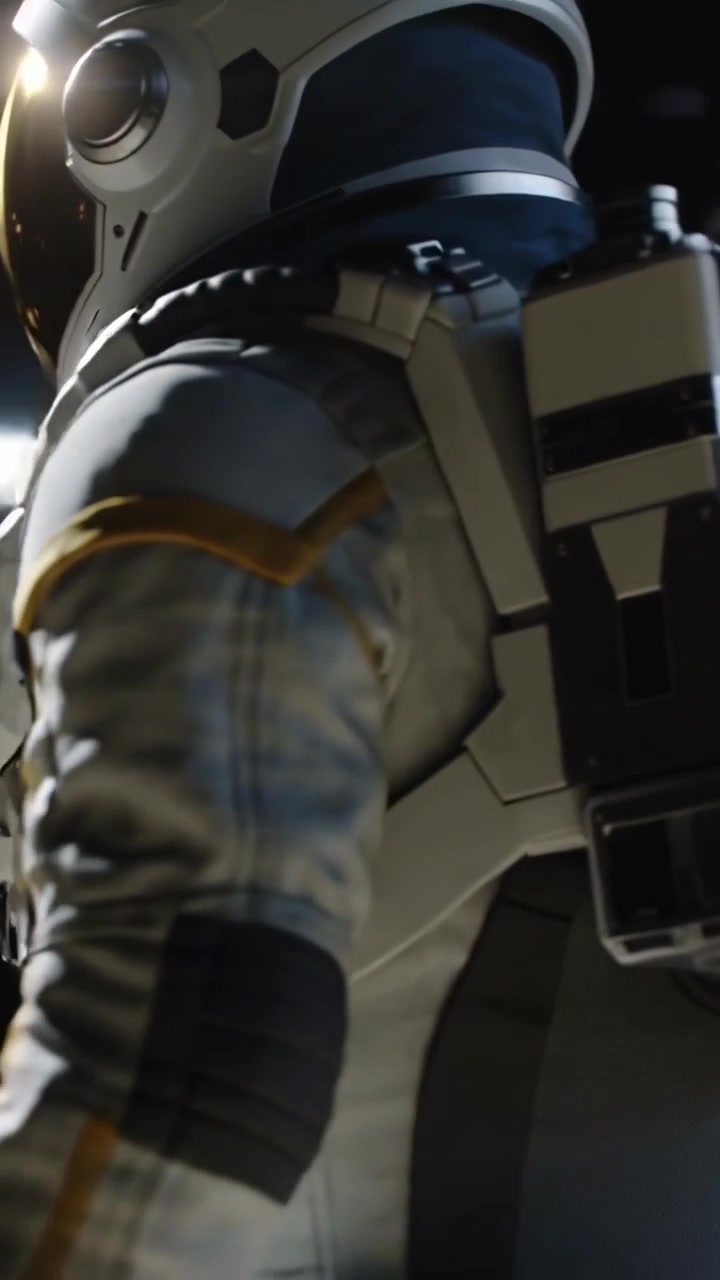 Vídeo vertical: Câmera em movimento panorâmico revelando um astronauta de traje espacial girando no espaço, inspecionando os painéis do equipamento.