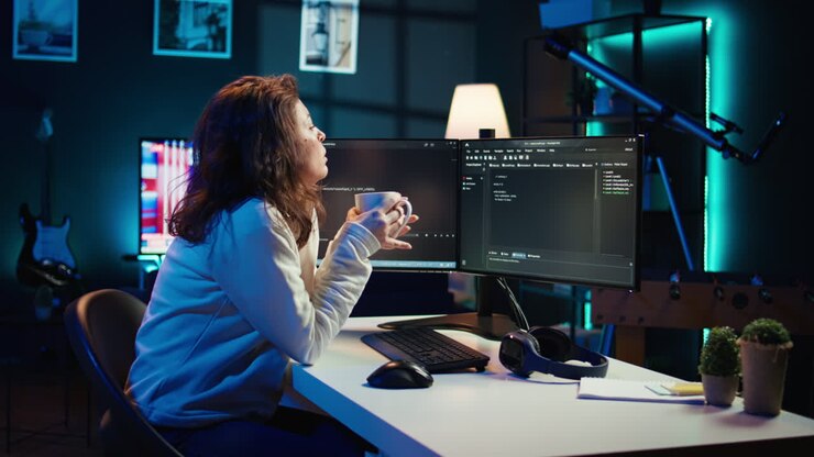 Admin TI menikmati minuman panas sambil meningkatkan keamanan data