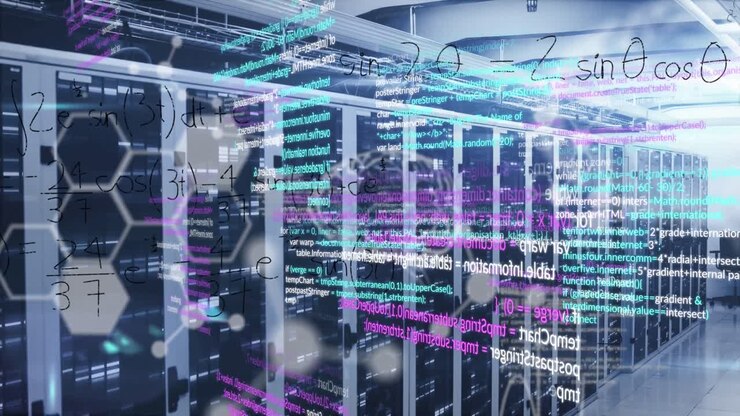 Animation of medical data processing and mathematical equations against computer server room