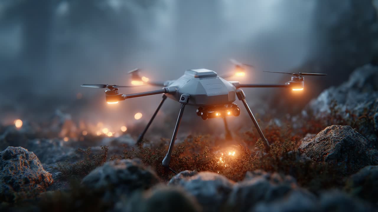 A Modern Drone Illuminates the Foggy Landscape: A Stunning Visual Journey of Advanced Technology Amongst Nature's Elements in an Ethereal Environment