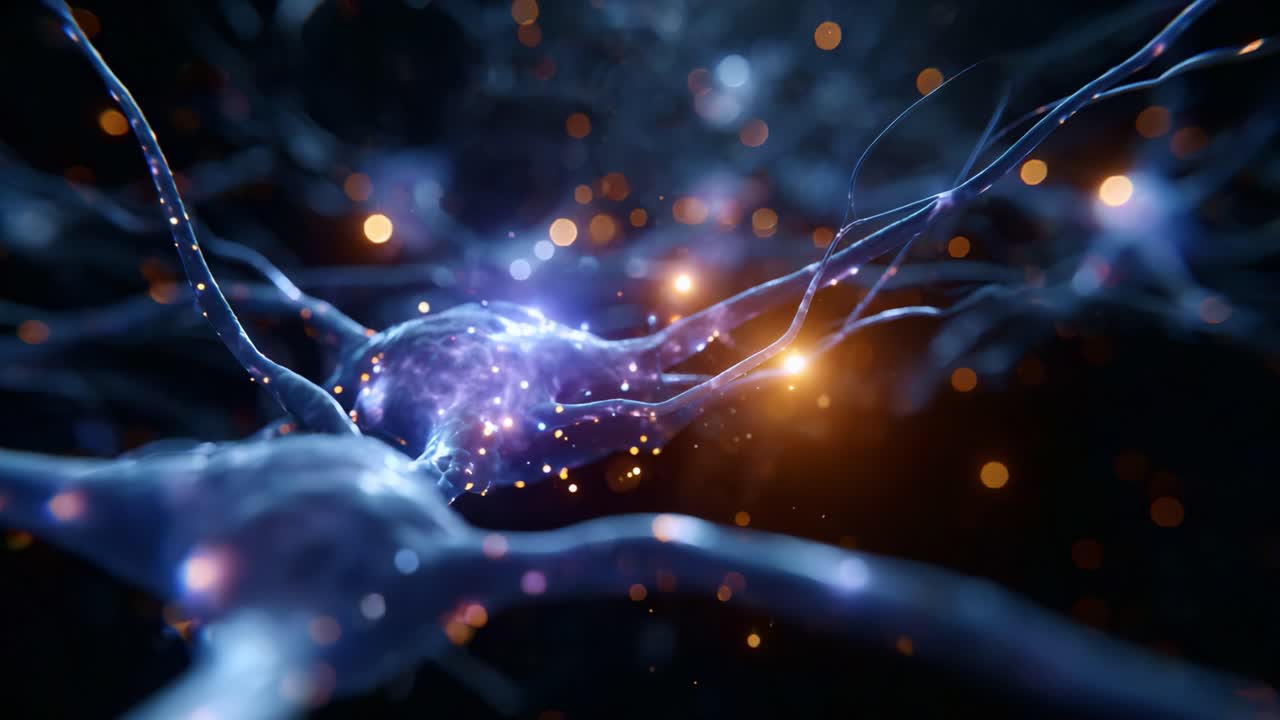 Connessioni neurali dinamiche: una visualizzazione astratta di neuroni con scintille di energia e particelle luminose su sfondo scuro