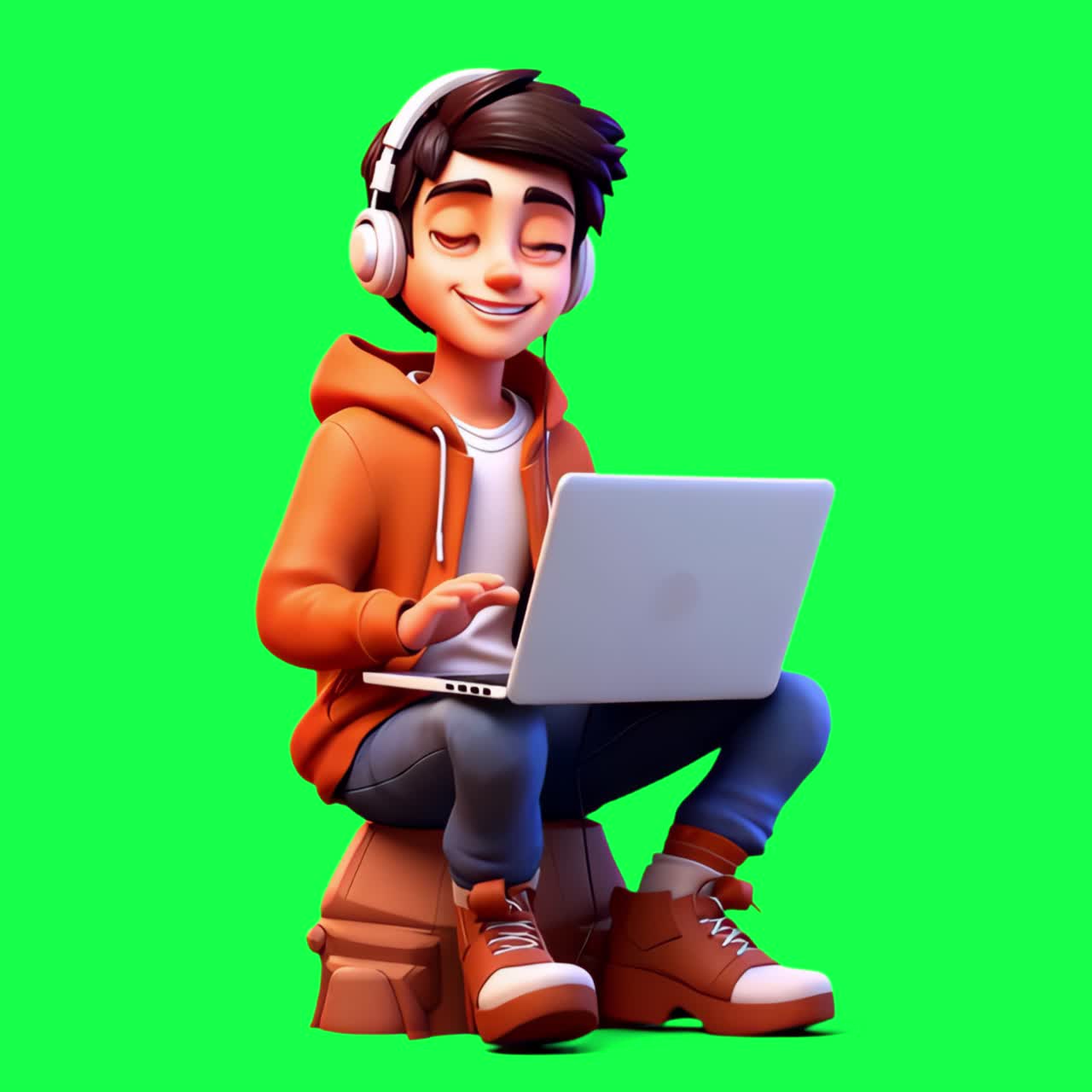 Young gamer with laptop animation, transparent 4K video, green screen