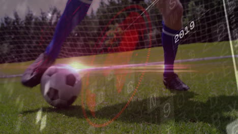 soccer player kicking ball over digital animation with numbers and graphs