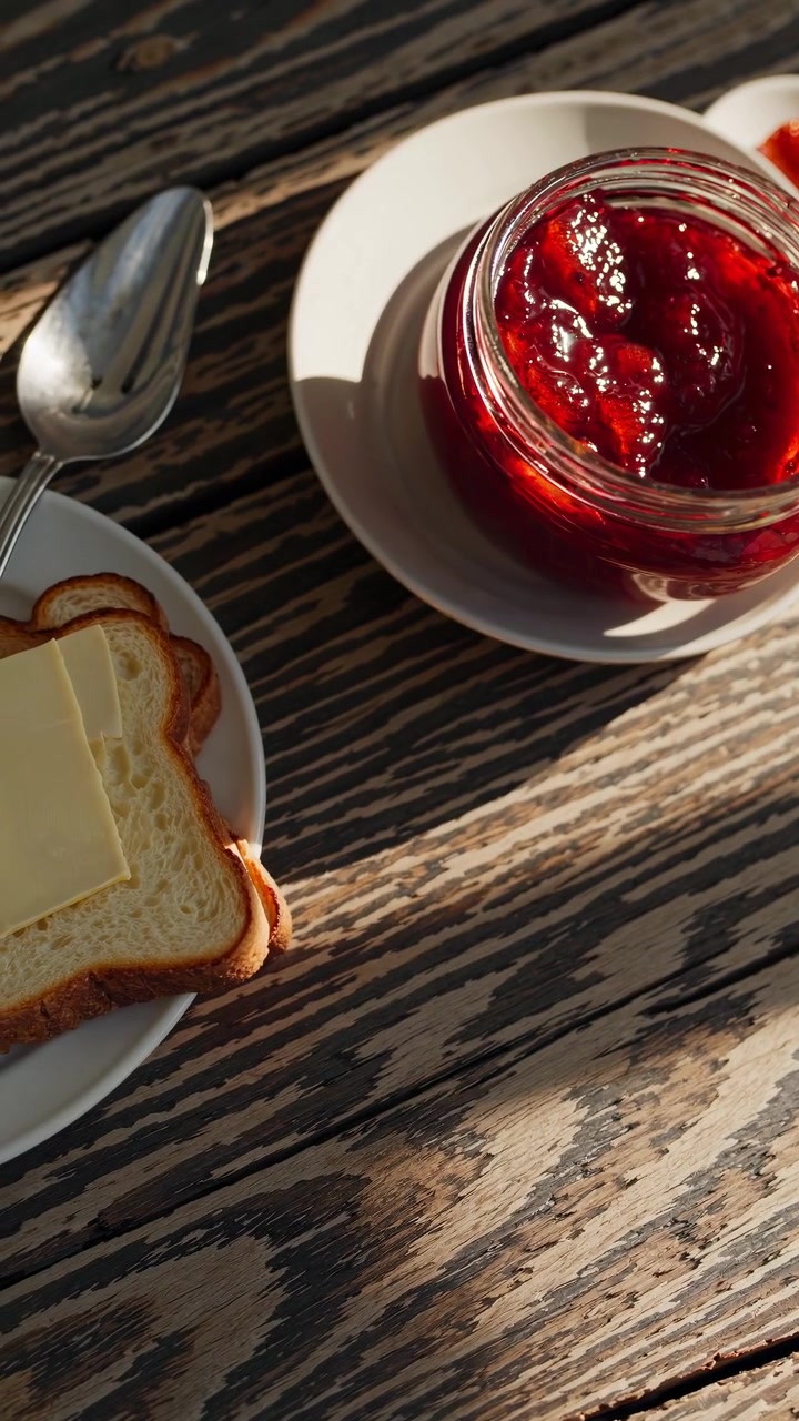 Jar of Strawberry Jam and Buttered Toast on Rustic Wooden Table