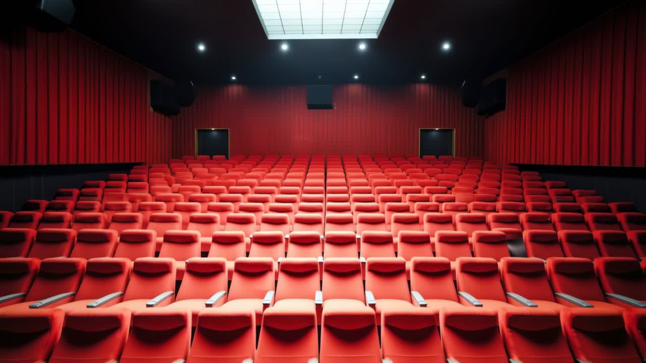Inquadratura grandangolare di un cinema vuoto con poltrone rosse, catturando l'attesa di una proiezione video
