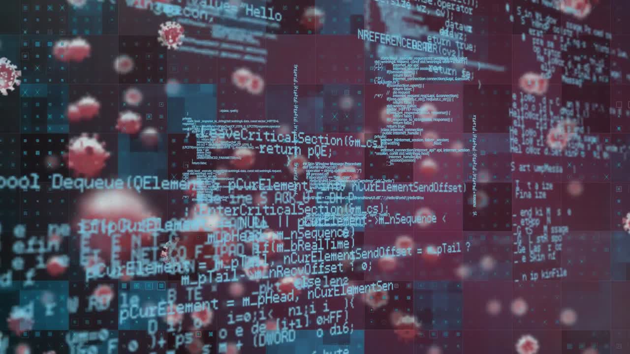 video compuesto digital de células de covid-19 que se mueven contra el procesamiento de datos en el fondo