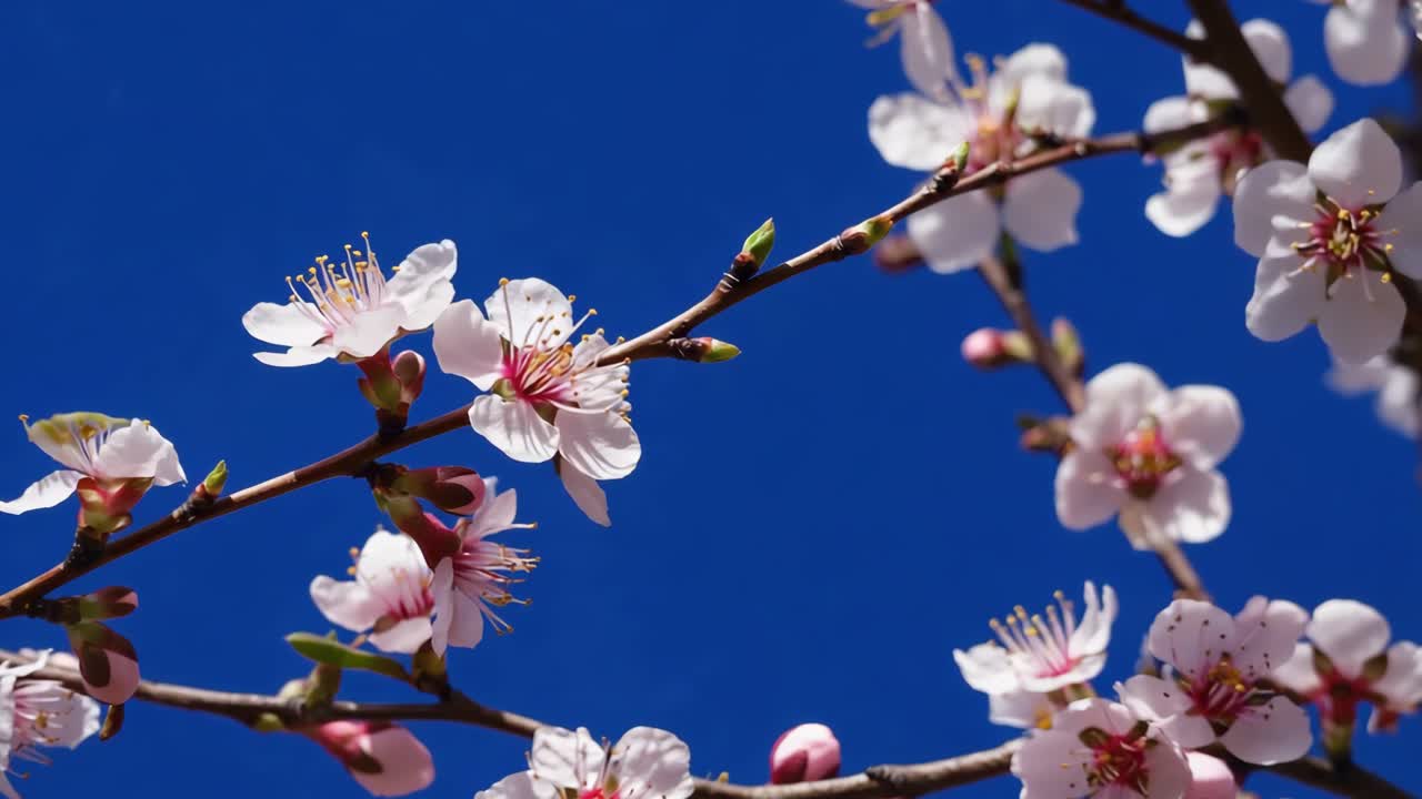 Apricot tree branches bearing delicate white, pink blossoms swaying softly under bright blue sky, presenting springtime landscape of pastoral beauty and tranquility