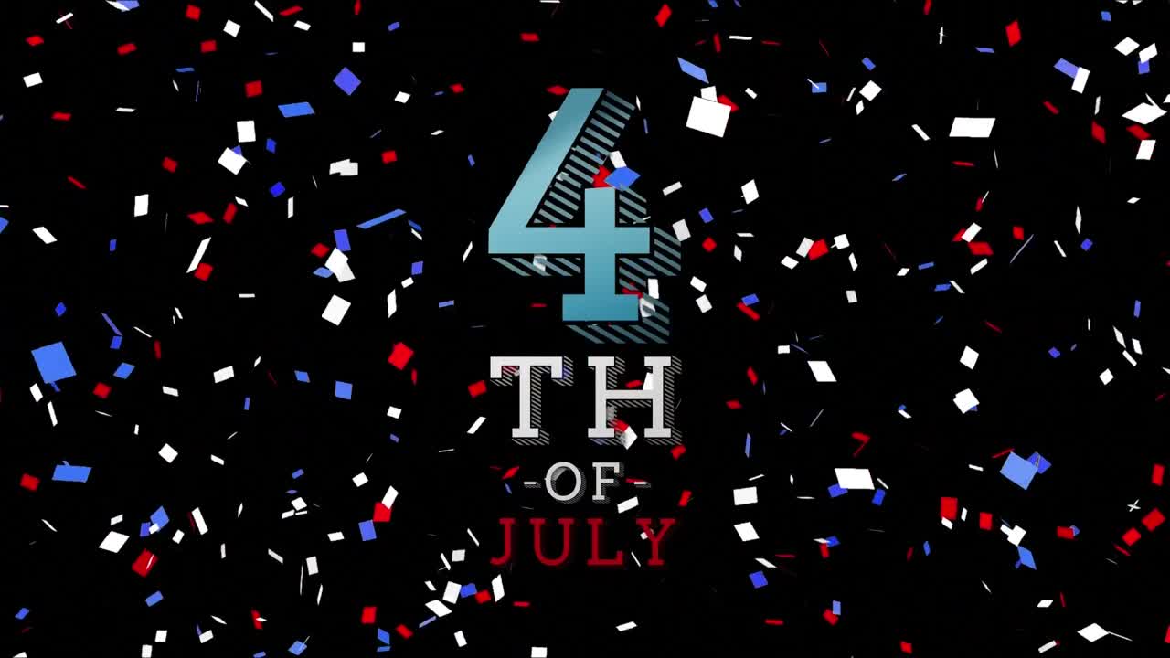 Animation of american red, white and blue confetti falling over 4th of july text on black background