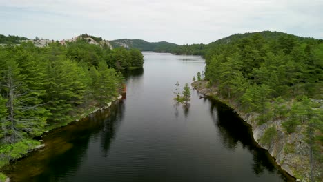 Aerial-flyover-of-lush-still-lake-huron-with-small-pine-tree-island-at-whitefish-falls,-manitoulin-island,-canada